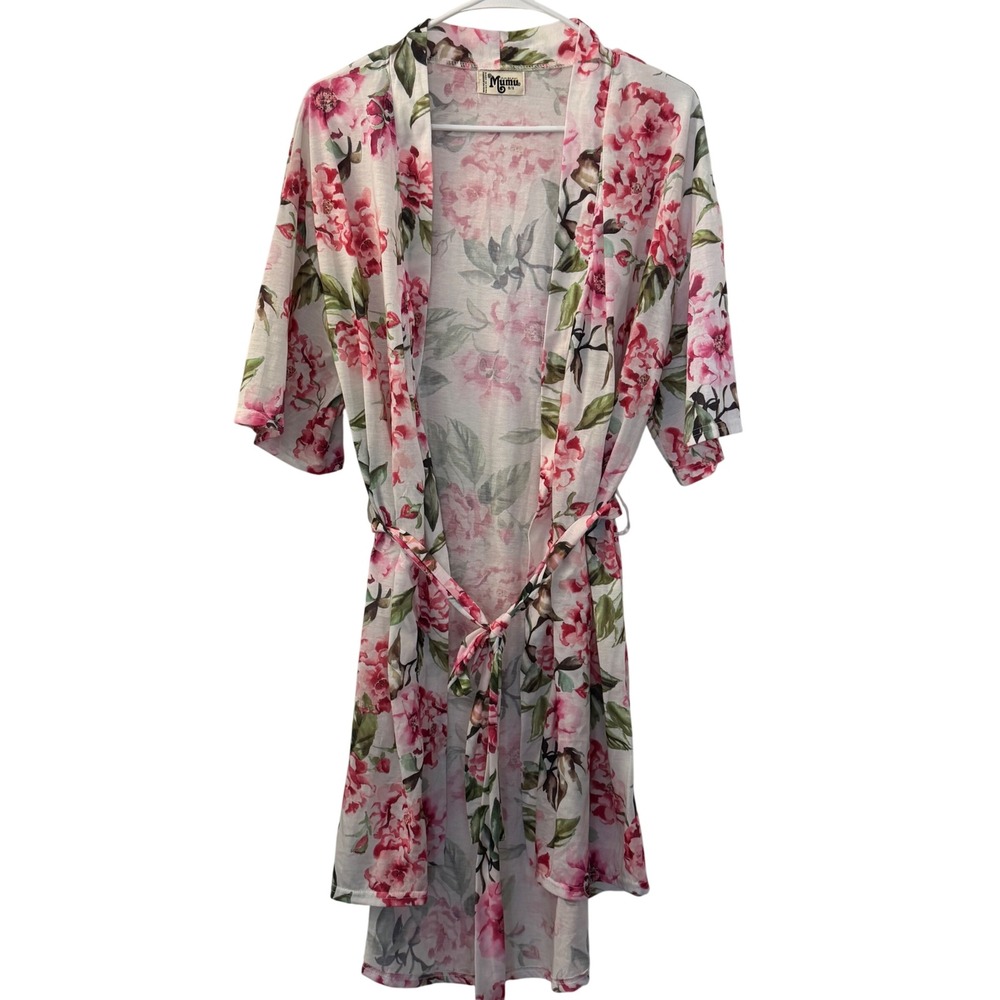 Show Me Your Mumu Floral Kimono Robe White Pink Short‎ Sleeve Tie Waist OS